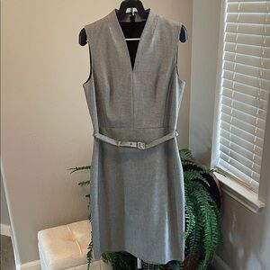 Ann Taylor Sleeveless Black and White Houndstooth V-Neck Belted Sheath Dress